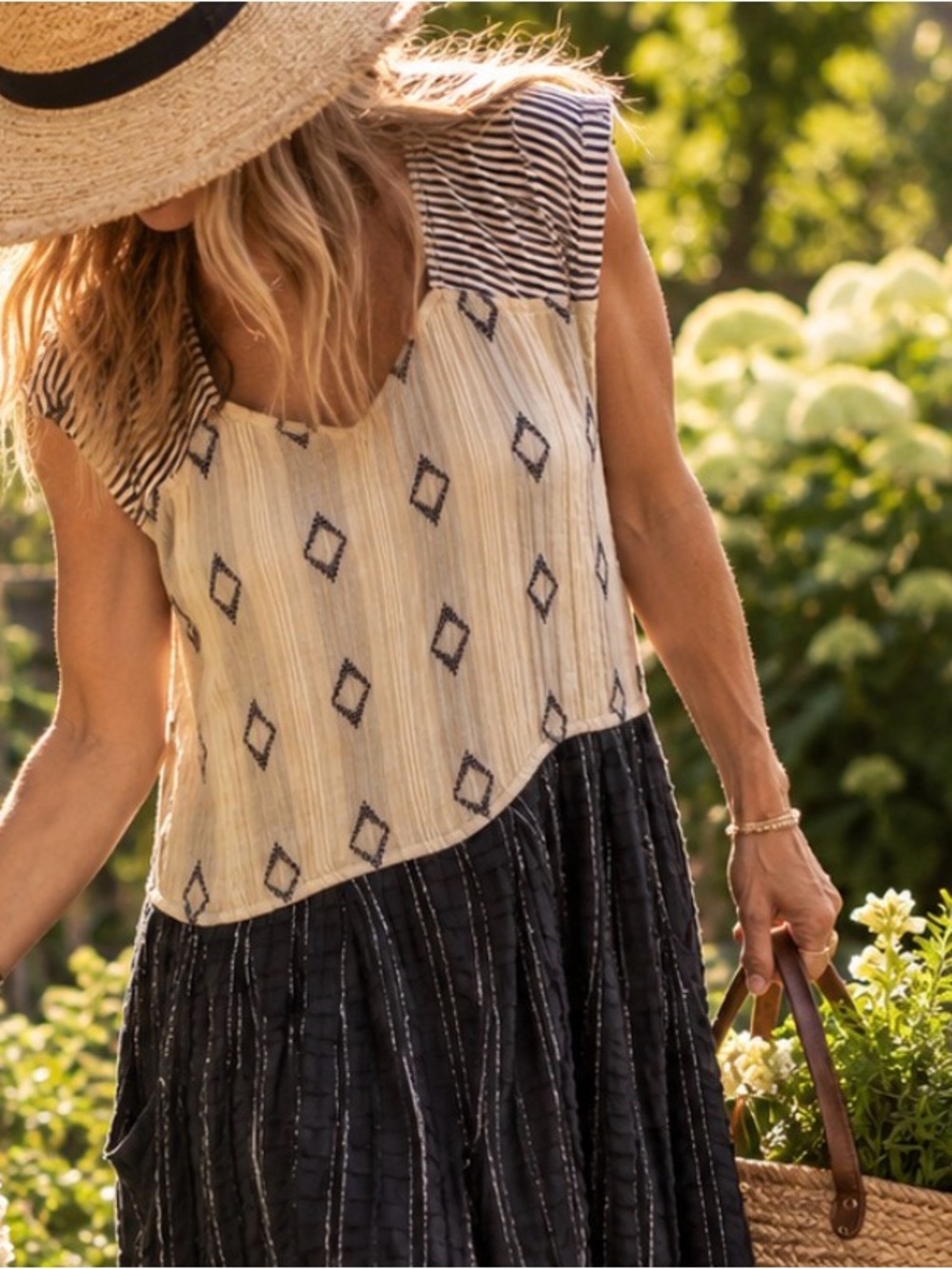 Ace & Jig Black and Cream Mixed-Pattern Casual Dress
